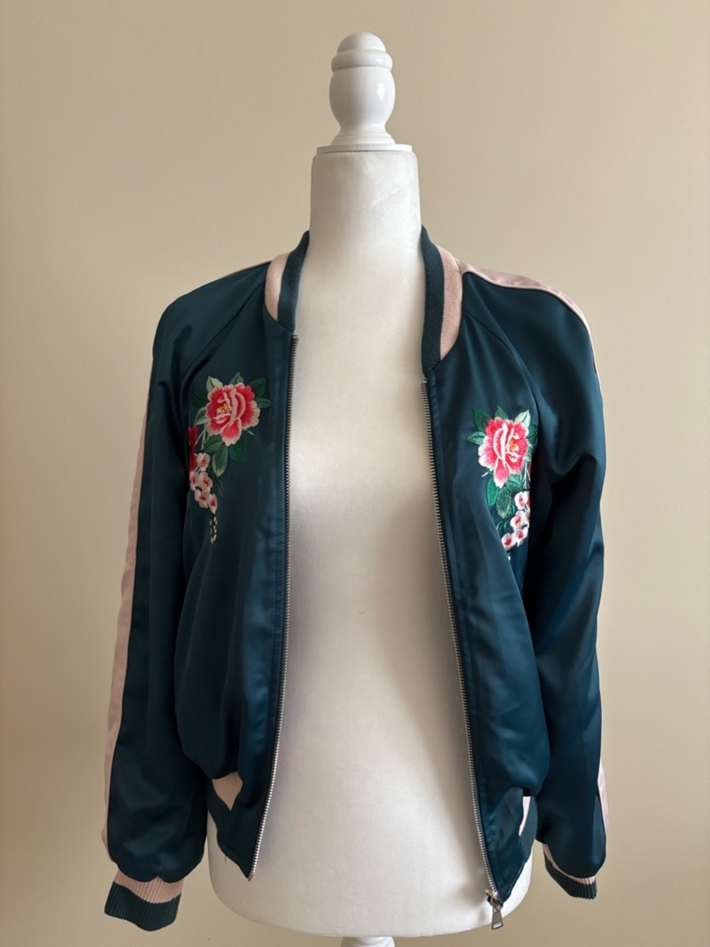 bebe Teal Bomber Jacket with Pink Trim & Floral Embroidery